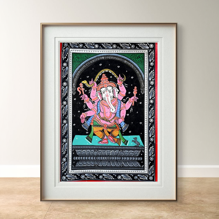 Six-Armed Ganesha Pattachitra — Original Odisha Hand-Painted Cosmic Temple Art | 13×19 Inches | Sacred Ganesha Wall Art