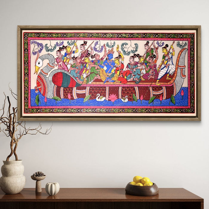 Krishna Gopi Vrindavan Pattachitra on Tussar Silk — Original Odisha Hand-Painted Bhakti Art | 24×44 Inches | Sacred Krishna Wall Art