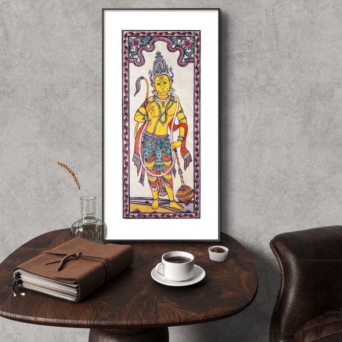 Hanuman Pattachitra Painting on Tussar Silk — Original Handmade Odisha Art | 7×16 Inches