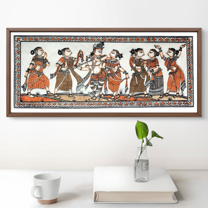Krishna Raas Leela Pattachitra Painting on Tussar Silk — Original Handmade Odisha Art | 7×16 Inches