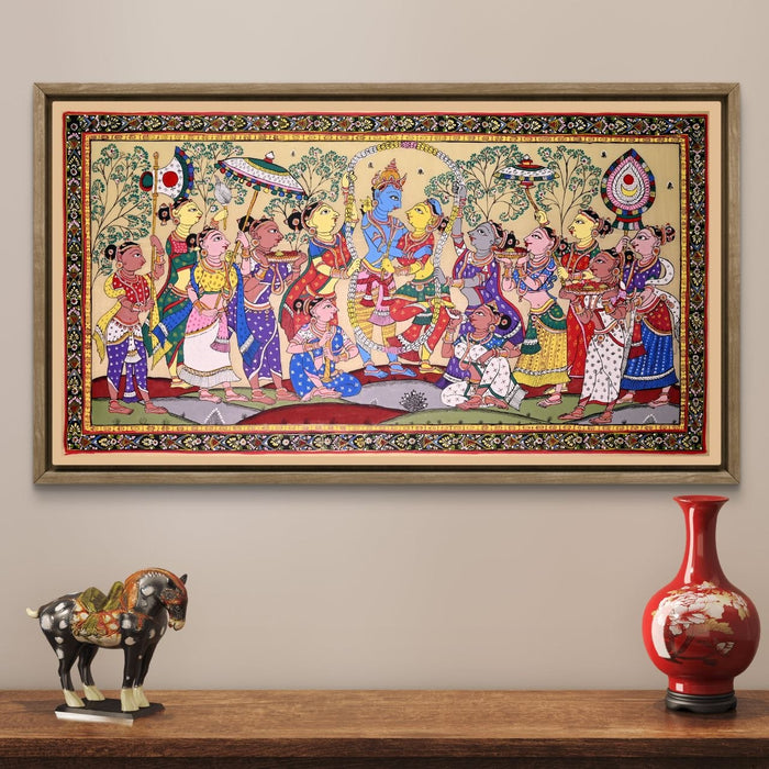 Krishna Gopi Vrindavan Pattachitra on Tussar Silk — Original Odisha Hand-Painted Bhakti Art | 24×44 Inches | Sacred Krishna Wall Art