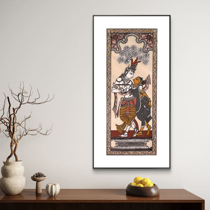 Radha Krishna Pattachitra Painting on Tussar Silk — Original Handmade Odisha Art | 7×16 Inches | Divine Love