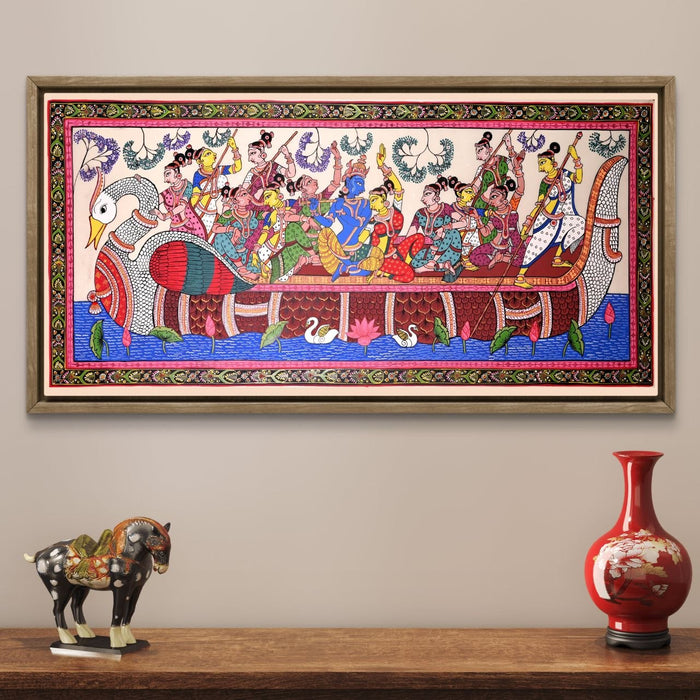 Krishna Gopi Vrindavan Pattachitra on Tussar Silk — Original Odisha Hand-Painted Bhakti Art | 24×44 Inches | Sacred Krishna Wall Art
