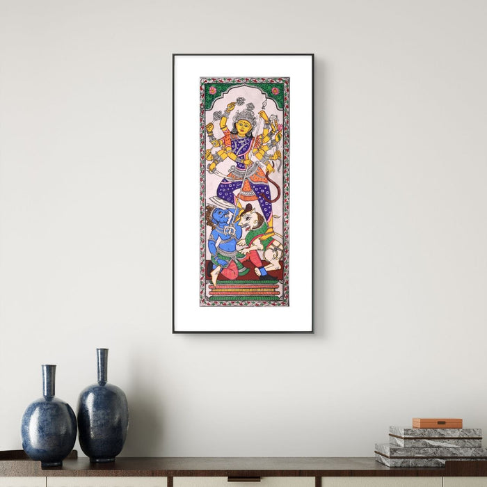 Durga Pattachitra Painting on Tussar Silk — Original Handmade Odisha Art | 7×16 Inches