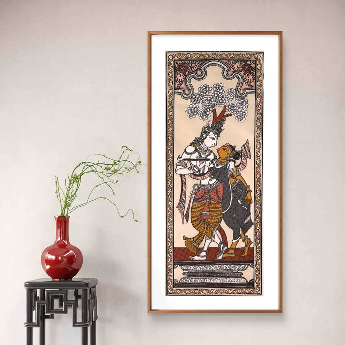 Radha Krishna Pattachitra Painting on Tussar Silk — Original Handmade Odisha Art | 7×16 Inches | Divine Love