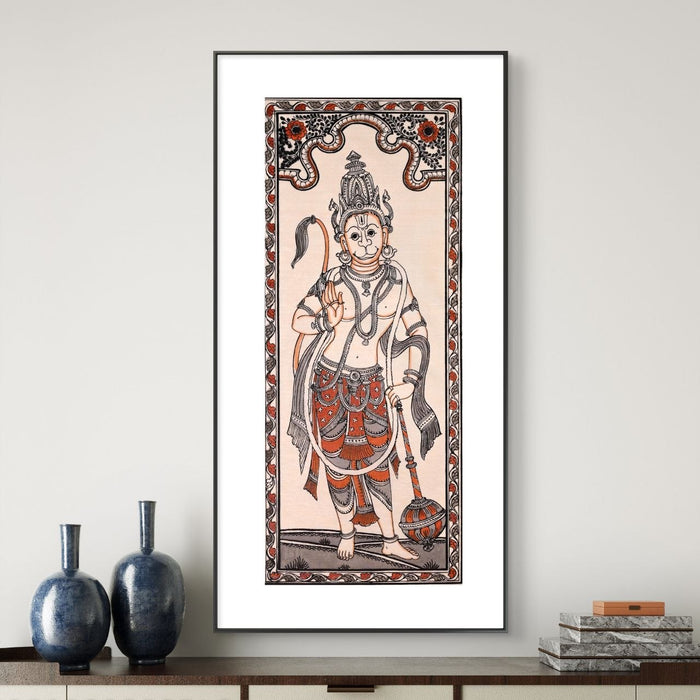 Hanuman Pattachitra Painting on Tussar Silk — Original Handmade Odisha Art | 7×16 Inches