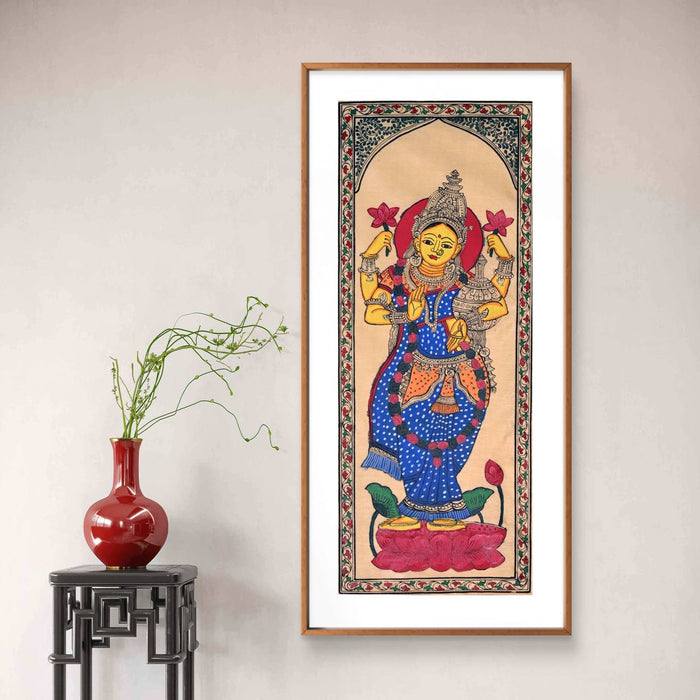 Lakshmi Pattachitra Painting on Tussar Silk — Original Handmade Odisha Art | 7×16 Inches