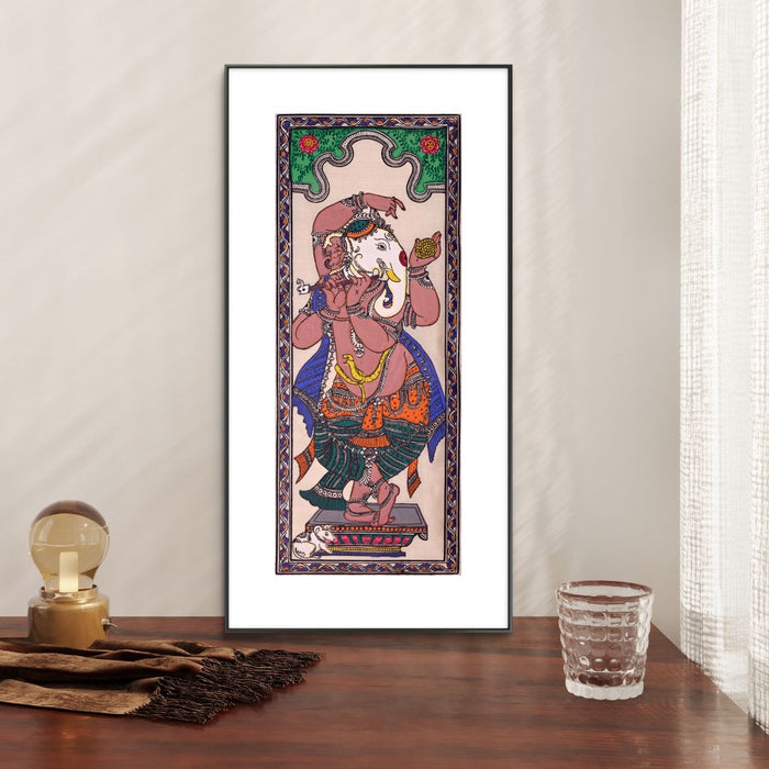 Dancing Ganesha Pattachitra Painting on Tussar Silk — Original Handmade Odisha Art | 7×16 Inches