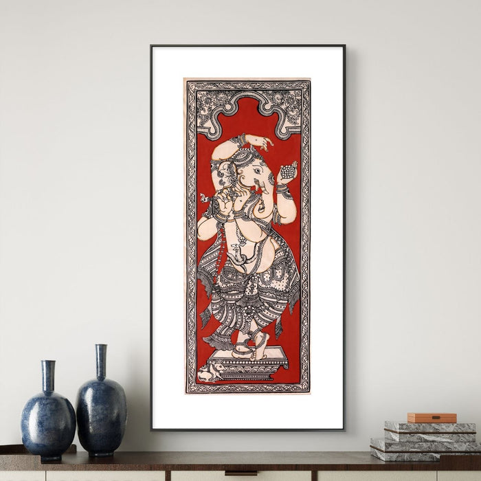 Dancing Ganesha Pattachitra Painting on Tussar Silk — Original Handmade Odisha Art | 7×16 Inches