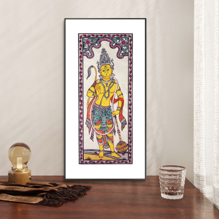 Hanuman Pattachitra Painting on Tussar Silk — Original Handmade Odisha Art | 7×16 Inches