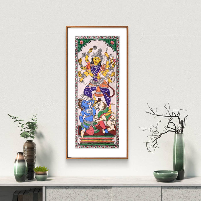 Durga Pattachitra Painting on Tussar Silk — Original Handmade Odisha Art | 7×16 Inches