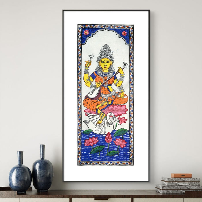 Saraswati Pattachitra Painting on Tussar Silk — Original Handmade Odisha Art | 7×16 Inches