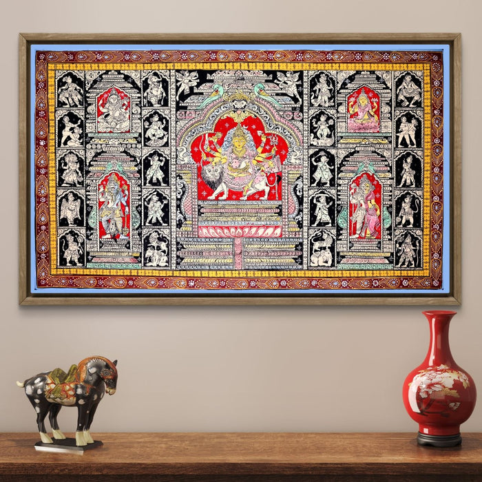 Durga Pattachitra Painting — Original Handmade Odisha Art | 24×40 Inches | Durga Parivar with Ganesha Lakshmi Saraswati Shiva