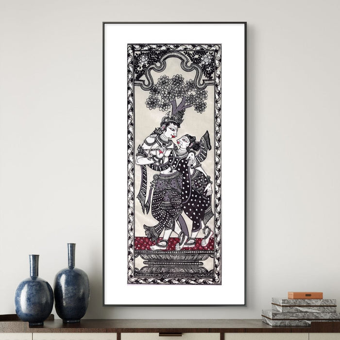 Radha Krishna Pattachitra Painting on Tussar Silk — Original Handmade Odisha Art | 7×16 Inches | Divine Love