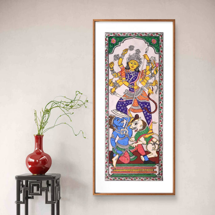 Durga Pattachitra Painting on Tussar Silk — Original Handmade Odisha Art | 7×16 Inches