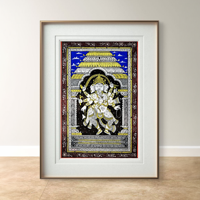 Nritya Ganapati Pattachitra — Original Odisha Dancing Ganesha on Black Ground | 13×19 Inches | Sacred Ganesha Wall Art