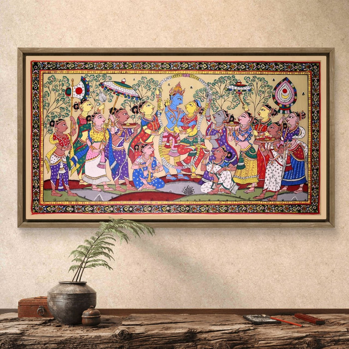 Krishna Gopi Vrindavan Pattachitra on Tussar Silk — Original Odisha Hand-Painted Bhakti Art | 24×44 Inches | Sacred Krishna Wall Art