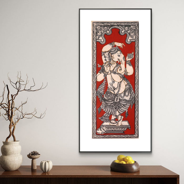 Dancing Ganesha Pattachitra Painting on Tussar Silk — Original Handmade Odisha Art | 7×16 Inches