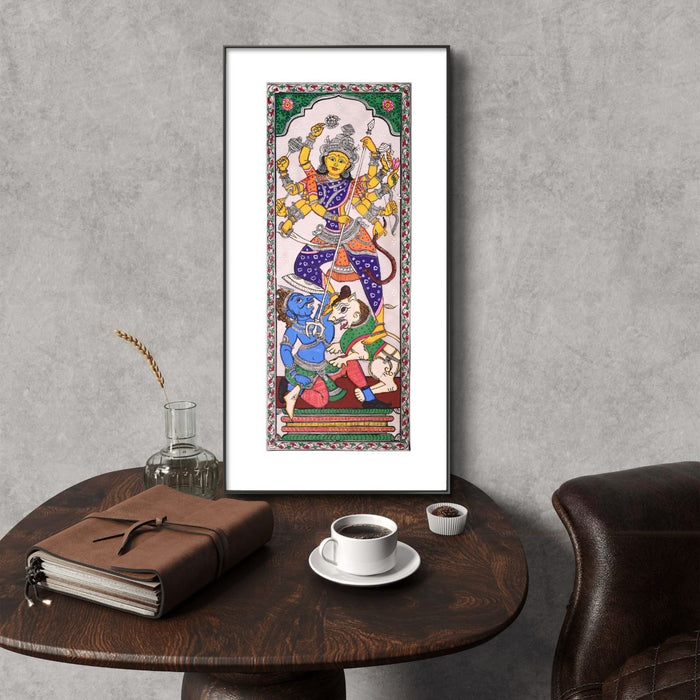 Durga Pattachitra Painting on Tussar Silk — Original Handmade Odisha Art | 7×16 Inches