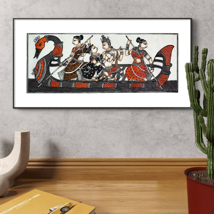 Krishna Leela Boat Scene Pattachitra Painting on Tussar Silk — Original Handmade Odisha Art | 7×16 Inches