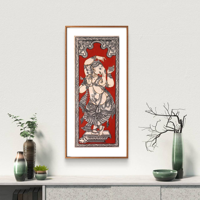 Dancing Ganesha Pattachitra Painting on Tussar Silk — Original Handmade Odisha Art | 7×16 Inches