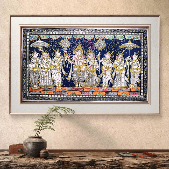 Krishna Raas Leela Pattachitra — Original Handmade Odisha Painting | 24×40 Inches | Krishna with Gopis