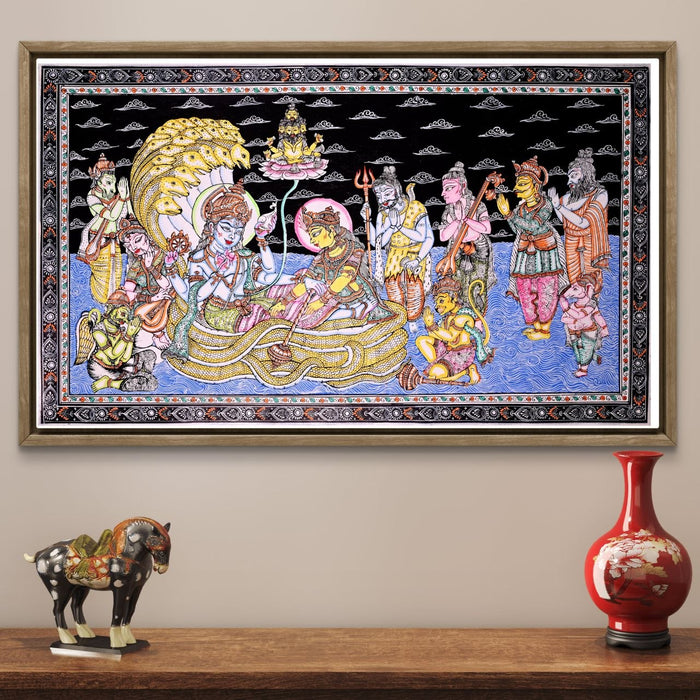 Anantshayana Vishnu Pattachitra — Original Handmade Odisha Painting | 24×40 Inches | Vishnu Lakshmi Brahma Shiva Ganesha Hanuman
