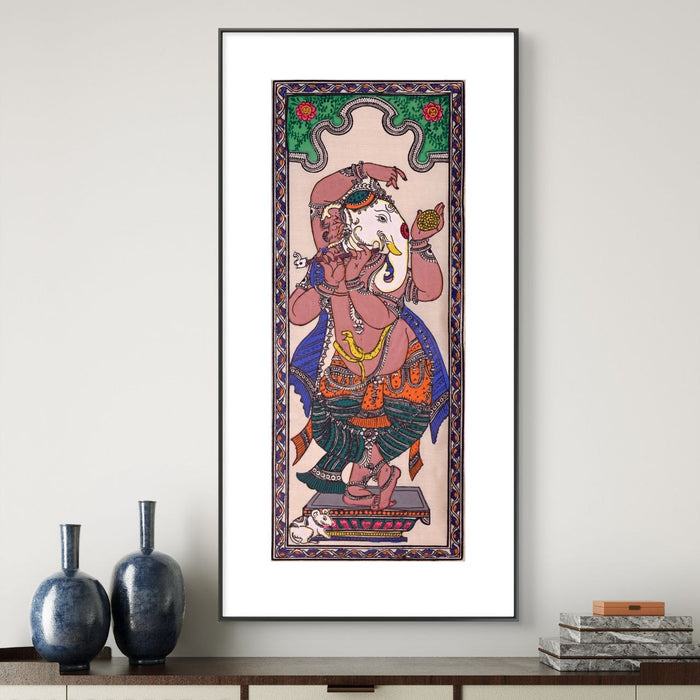 Dancing Ganesha Pattachitra Painting on Tussar Silk — Original Handmade Odisha Art | 7×16 Inches