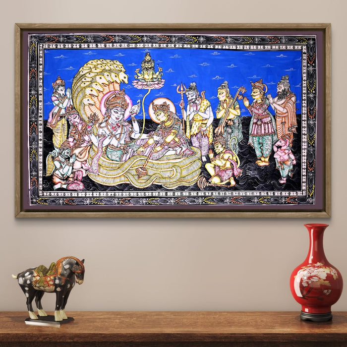 Anantshayana Vishnu Pattachitra — Original Handmade Odisha Painting | 24×40 Inches | Vishnu Lakshmi Brahma Shiva Ganesha Hanuman