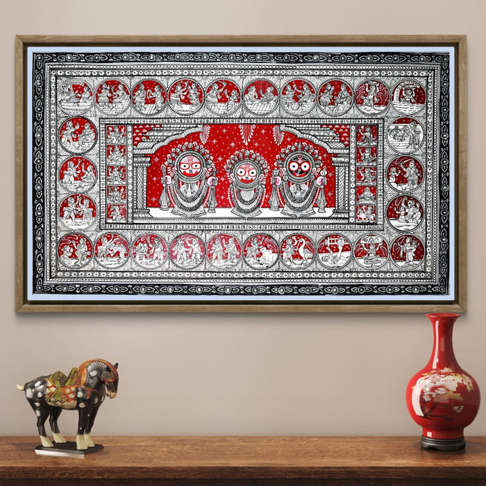 Jagannath Pattachitra Painting — Original Handmade Odisha Art | 24×40 Inches | Jagannath Balabhadra Subhadra with Katha Scenes