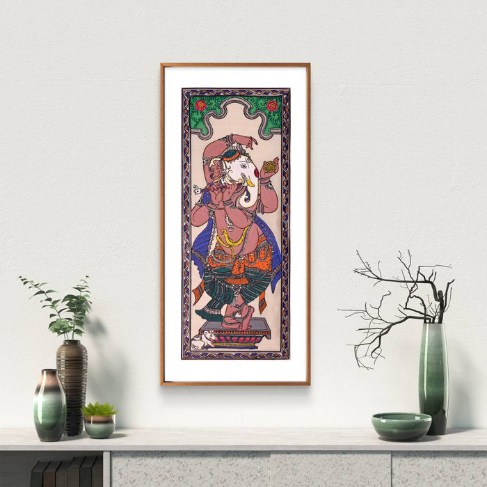 Dancing Ganesha Pattachitra Painting on Tussar Silk — Original Handmade Odisha Art | 7×16 Inches