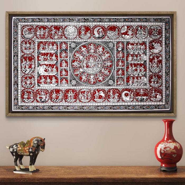 Krishna Life Story Pattachitra — Original Handmade Odisha Painting | 24×40 Inches | Dashavatara & Krishna Leela