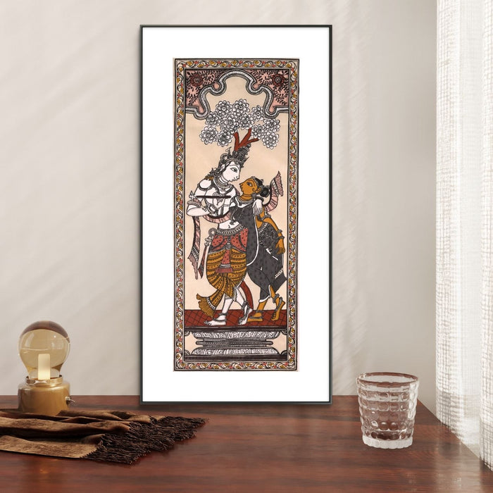 Radha Krishna Pattachitra Painting on Tussar Silk — Original Handmade Odisha Art | 7×16 Inches | Divine Love