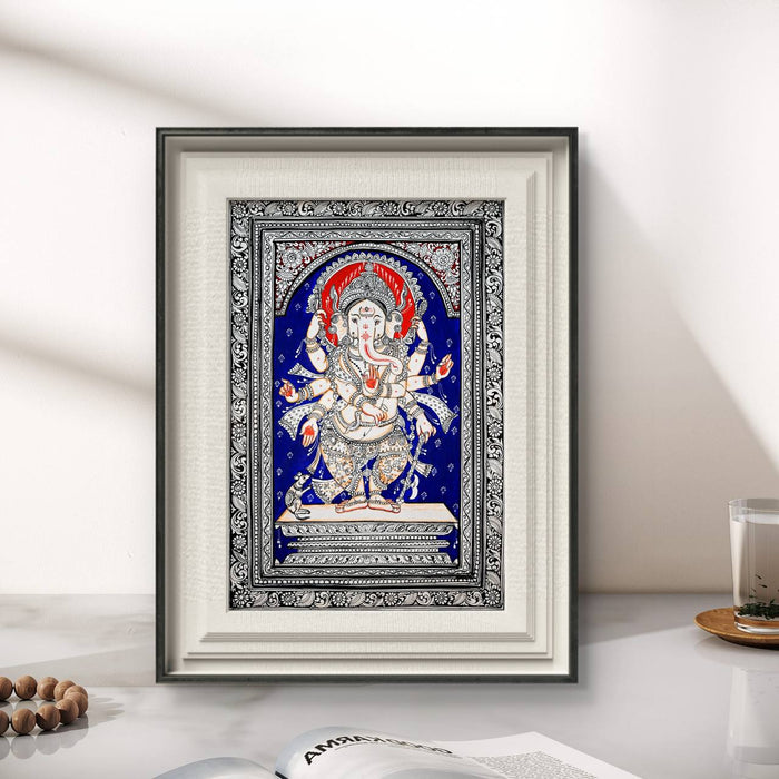 Standing Ganesha Pattachitra — Original Odisha Silver Linework on Royal Blue | 13×19 Inches | Sacred Ganesha Wall Art