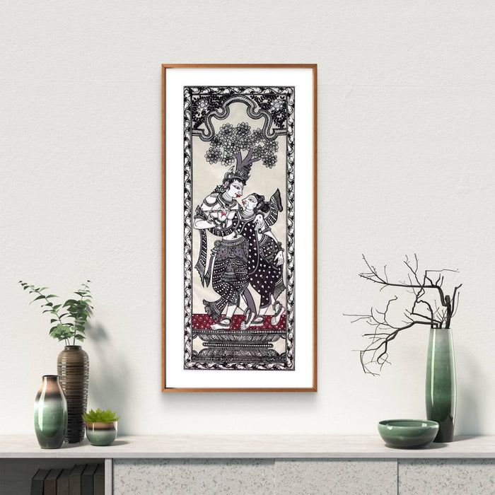 Radha Krishna Pattachitra Painting on Tussar Silk — Original Handmade Odisha Art | 7×16 Inches | Divine Love