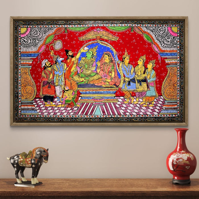 Ram Darbar Pattachitra Painting — Original Handmade Odisha Art | 24×40 Inches | Rama Sita Lakshmana Hanuman Bharata Shatrughna