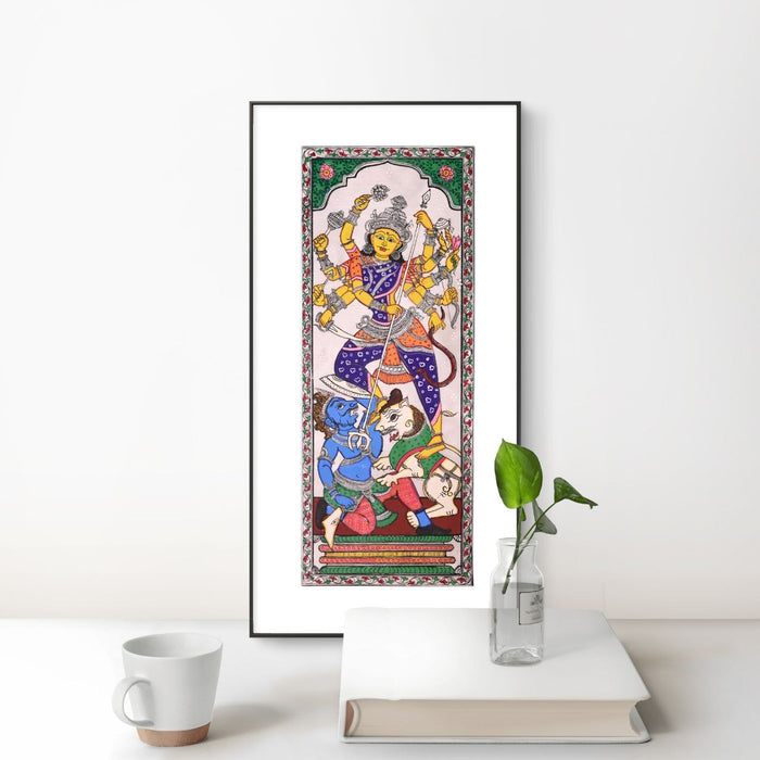 Durga Pattachitra Painting on Tussar Silk — Original Handmade Odisha Art | 7×16 Inches