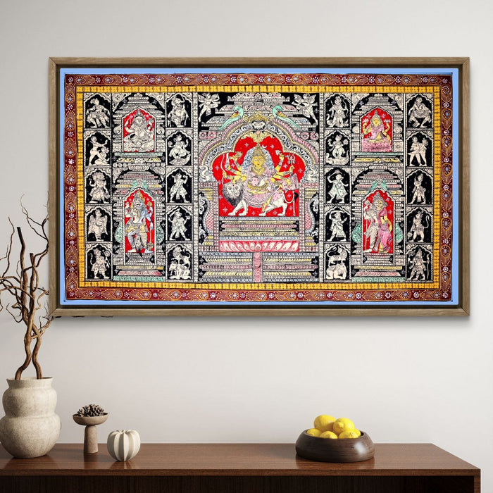 Durga Pattachitra Painting — Original Handmade Odisha Art | 24×40 Inches | Durga Parivar with Ganesha Lakshmi Saraswati Shiva