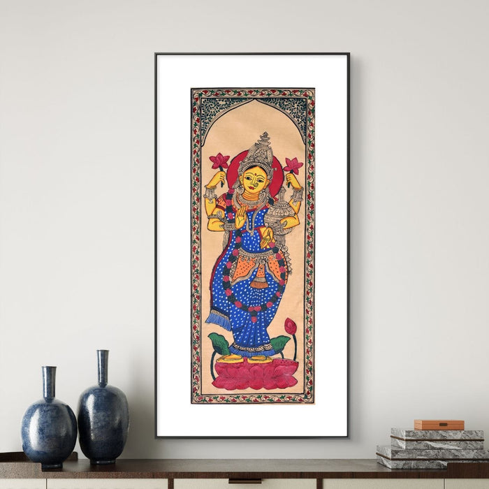 Lakshmi Pattachitra Painting on Tussar Silk — Original Handmade Odisha Art | 7×16 Inches