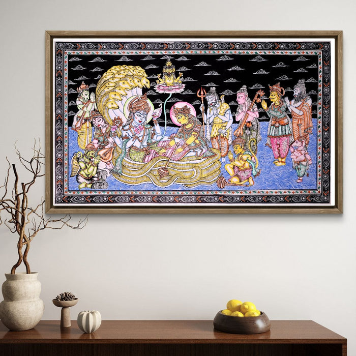 Anantshayana Vishnu Pattachitra — Original Handmade Odisha Painting | 24×40 Inches | Vishnu Lakshmi Brahma Shiva Ganesha Hanuman
