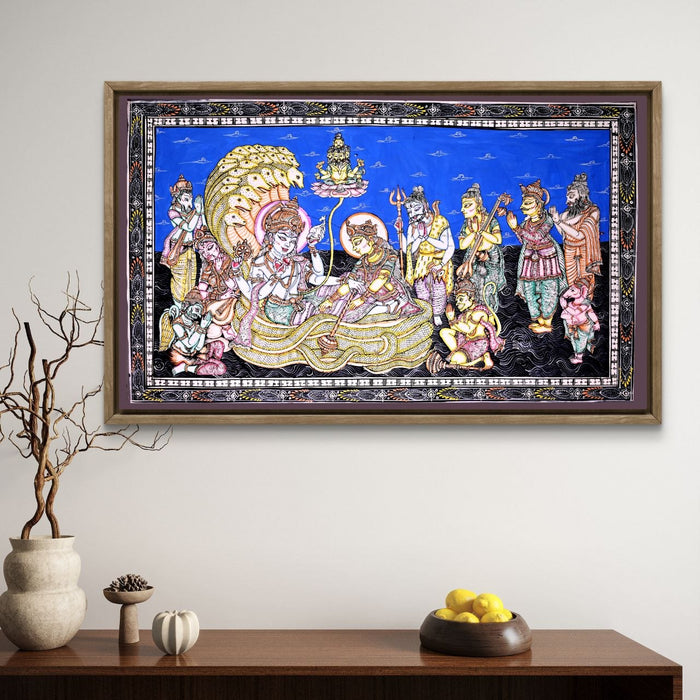 Anantshayana Vishnu Pattachitra — Original Handmade Odisha Painting | 24×40 Inches | Vishnu Lakshmi Brahma Shiva Ganesha Hanuman