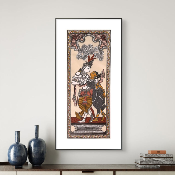 Radha Krishna Pattachitra Painting on Tussar Silk — Original Handmade Odisha Art | 7×16 Inches | Divine Love
