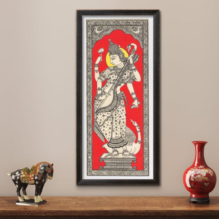 Saraswati Pattachitra Painting on Tussar Silk — Original Handmade Odisha Art | 7×16 Inches
