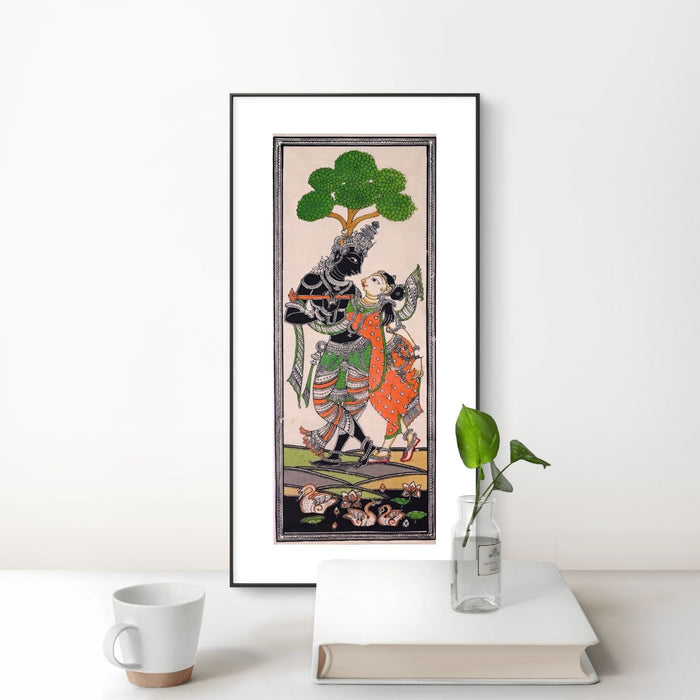 Radha Krishna Pattachitra Painting on Tussar Silk — Original Handmade Odisha Art | 7×16 Inches | Divine Love