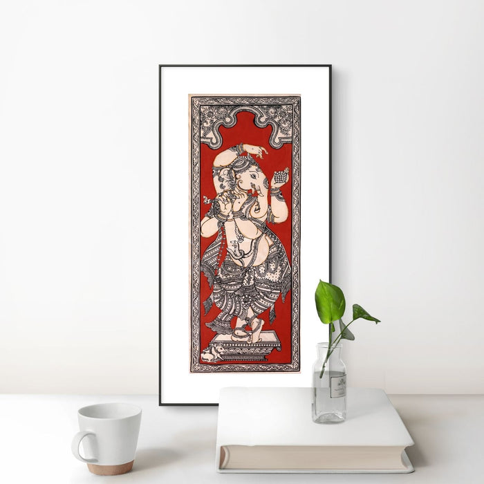 Dancing Ganesha Pattachitra Painting on Tussar Silk — Original Handmade Odisha Art | 7×16 Inches