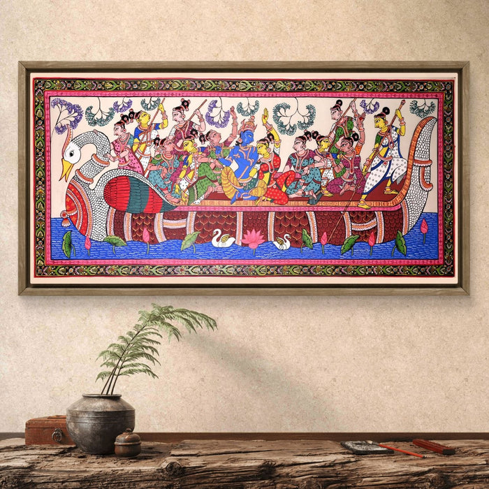 Krishna Gopi Vrindavan Pattachitra on Tussar Silk — Original Odisha Hand-Painted Bhakti Art | 24×44 Inches | Sacred Krishna Wall Art