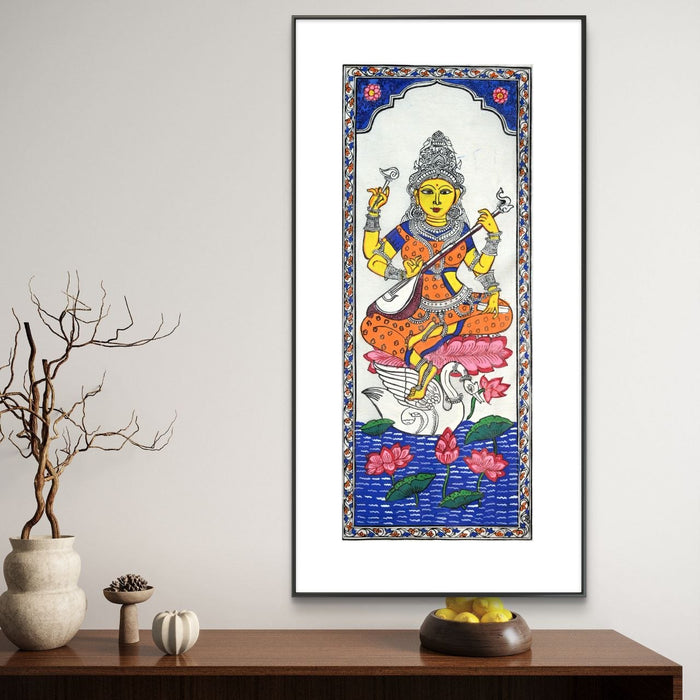 Saraswati Pattachitra Painting on Tussar Silk — Original Handmade Odisha Art | 7×16 Inches