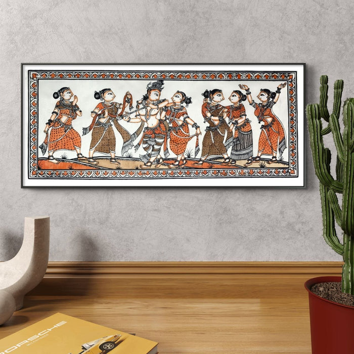 Krishna Raas Leela Pattachitra Painting on Tussar Silk — Original Handmade Odisha Art | 7×16 Inches
