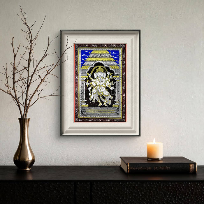Nritya Ganapati Pattachitra — Original Odisha Dancing Ganesha on Black Ground | 13×19 Inches | Sacred Ganesha Wall Art