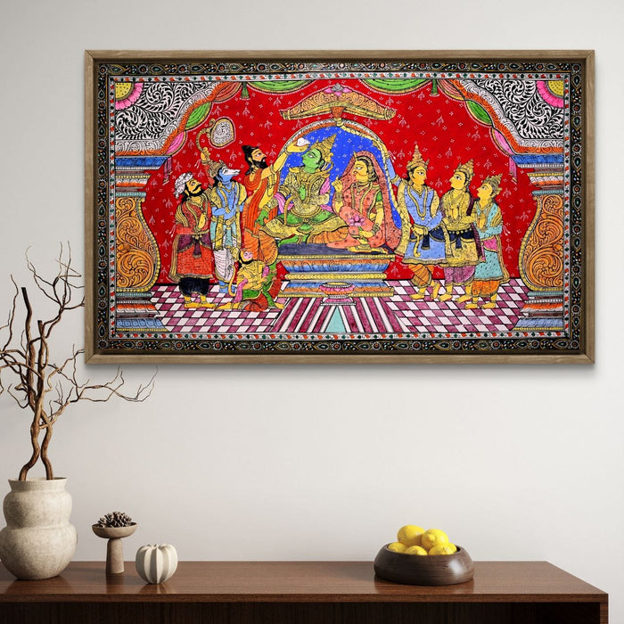 Ram Darbar Pattachitra Painting — Original Handmade Odisha Art | 24×40 Inches | Rama Sita Lakshmana Hanuman Bharata Shatrughna